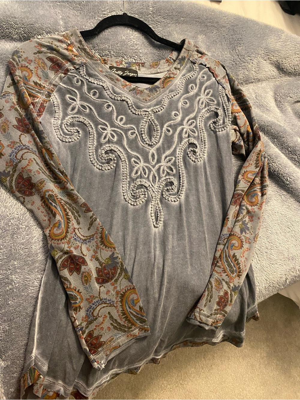 Embroidered Gray Velvet Tunic with Paisley Sleeves - Cathy Daniel?